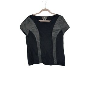 Sachin Babi Black Leather‎ Panel T-Shirt Top Short Sleeve Womens